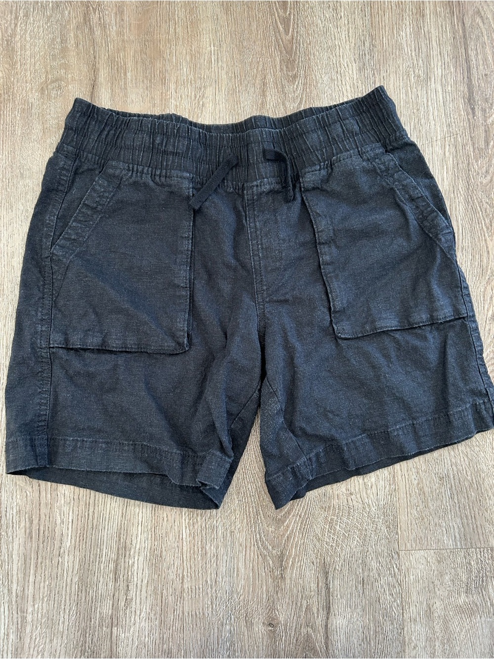 Linen Black Elastic Drawstring Patch Pocket Shorts